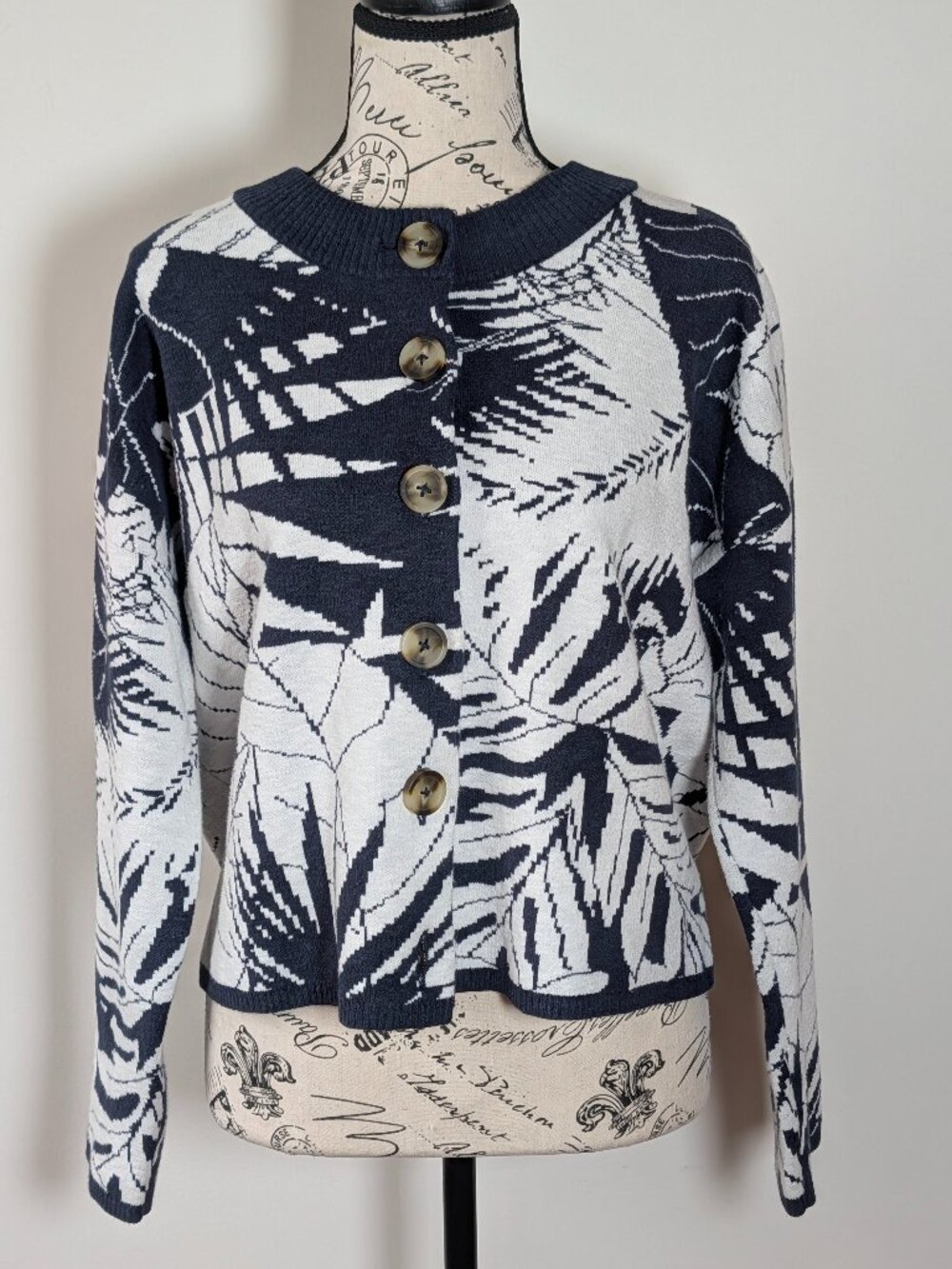 Madewell Navy White Leaf Print Cotton Blend Cardigan Women’s M Button Front